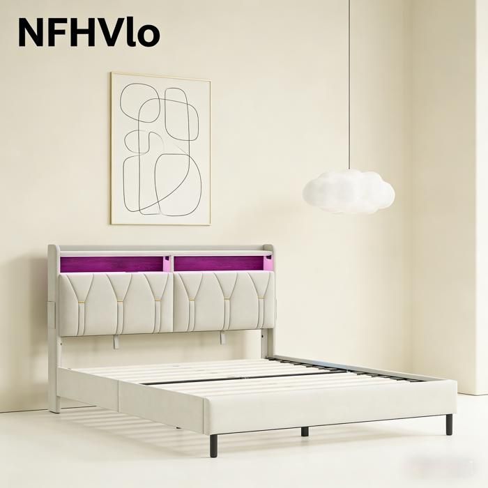 NFHVlo Lit rembourré 140 x 200 cm avec fonction de chargement USB Type C lit double avec tête de lit de rangement