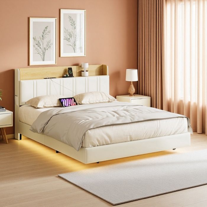 Structure de Lit Double 140 x 200 cm Cadre Flottant avec LED et USB Lit 140x120 cm avec Sommier Lit Rembourré 2 Personnes Blanc