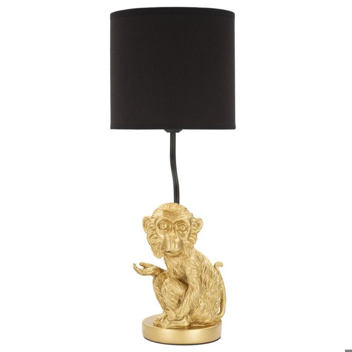 Lampe de table Singe Assis en résine dorée avec abat-jour en tissu noir - Réf. VK8681847402671