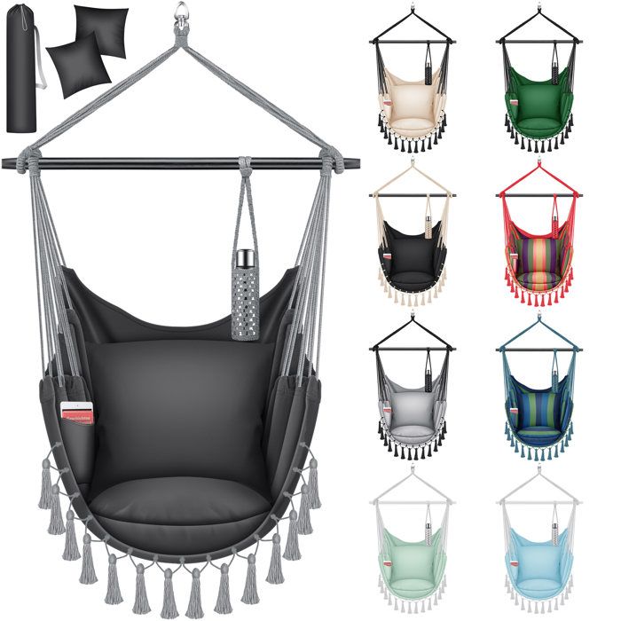 Fauteuil suspendu gris - KESSER - Safari XXL - Coton doux et polyester résistant - 2 coussins amovibles 50x50 cm