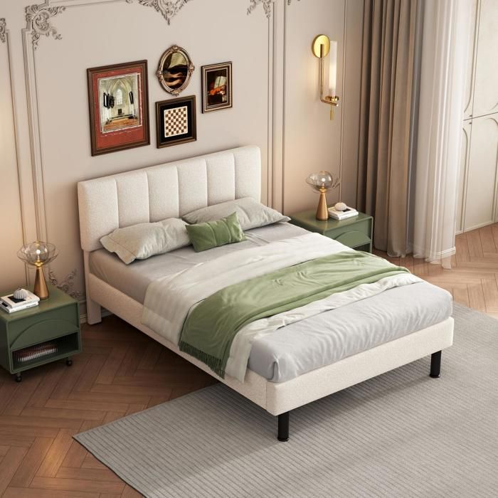 Lit rembourré Double 140×190 cm sommier à lattes pieds en fer - BEAUNIV - sans matelas Sherpa beige