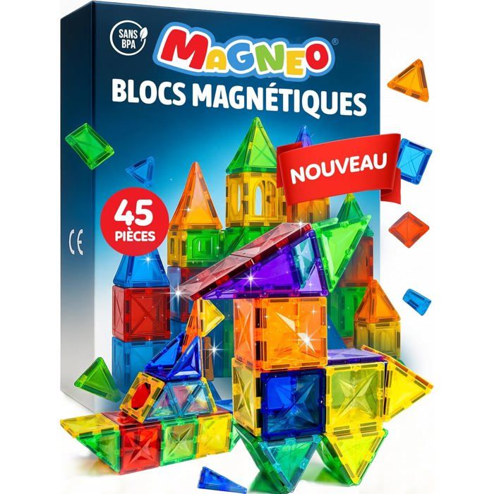 Blocs Magnétiques 45 Pièces – Construction magnetique Enfant dès 3 Ans – Jeu Créatif avec Magnetic Tiles – Blocs Aimantés