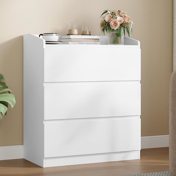 Commode 86 cm Commode à 3 Tiroirs Meuble de Rangement Casier avec Rambarde Supérieure Convient pour Le Salon etBlanc