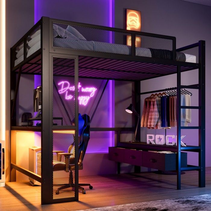 Lit superposé bureau - PAGE Living - 140x200 cm - Métal & MDF - LED 16 couleurs - 3 tiroirs
