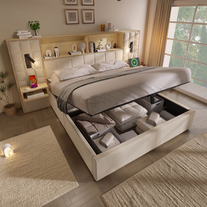 Lit rembourré avec rangement - 160x200 cm - Tissu en lin beige - Rangement sous le lit - Éclairage LED intégré