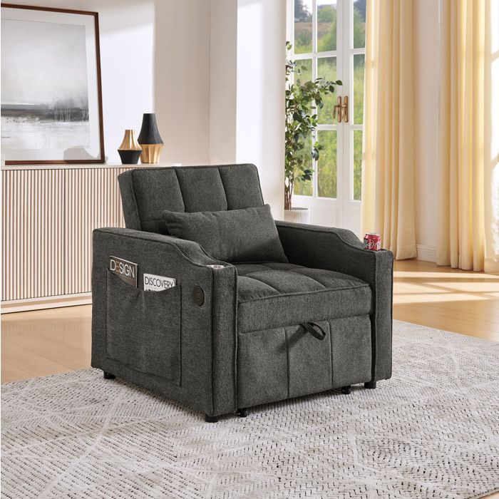 WOVREO Fauteuil convertible 3-en-1 1 place 190 cm avec USB USB-C porte-gobelet inox gris foncé