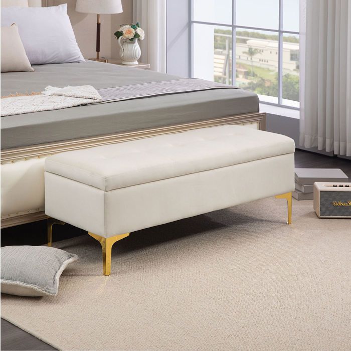 WOVREO Banquette coffre 120 cm beige aspect velours banc de rangement capitonné avec pieds métal doré