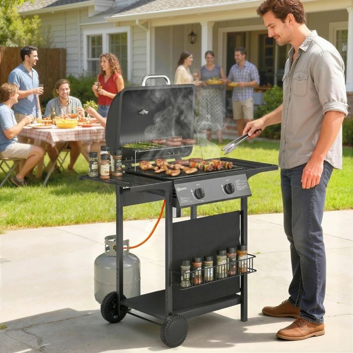 Barbecue à Gaz 2 Brûleurs 5 kW avec Thermomètre Tables Latérales Grille Chauffante 2 Roues – Noir 99x56x95 cm
