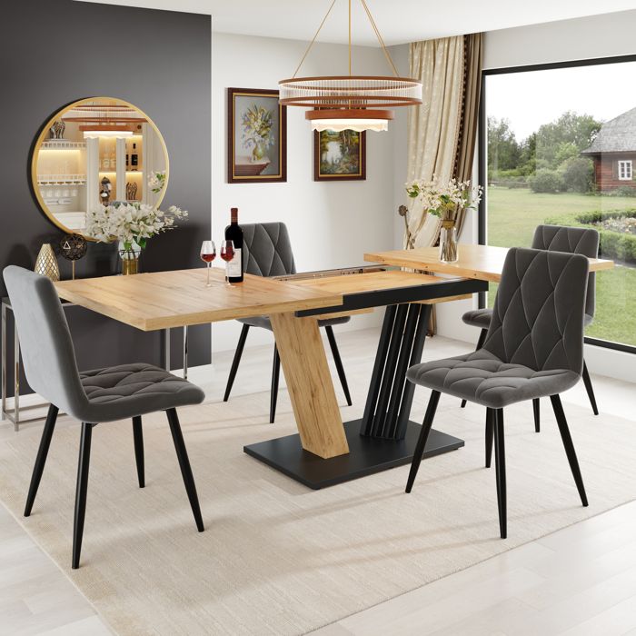Table extensible - Extensible 120/160 cm - Hauteur 76 cm - Aspect bois - MDF et métal - Pieds réglables