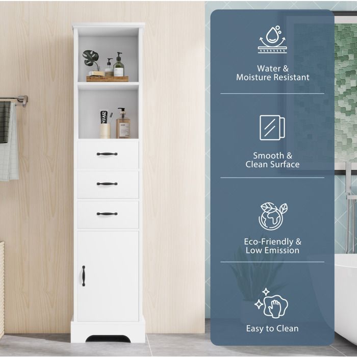 HOMVRA Colonne de salle de bain 38 x 26 x 172 5 cm MDF laqué blanc 3 tiroirs 1 porte étagères réglables