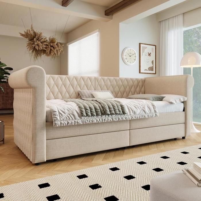 Lit banquette - KOMHTOM - 90x200 cm (lit sofa vintage) - lin beige - 2 tiroirs - sommier à lattes Lit banquette - KOMHTOM - 90x200 cm (lit sofa vintage) - lin beige - 2 tiroirs - sommier à lattes
