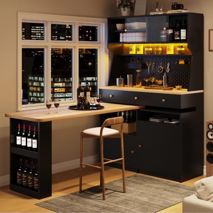 Meuble bar haut 137 x 74 x 1777 cm - bureau intégré - LED via application - portes vitrées - pegboard - MDF noir