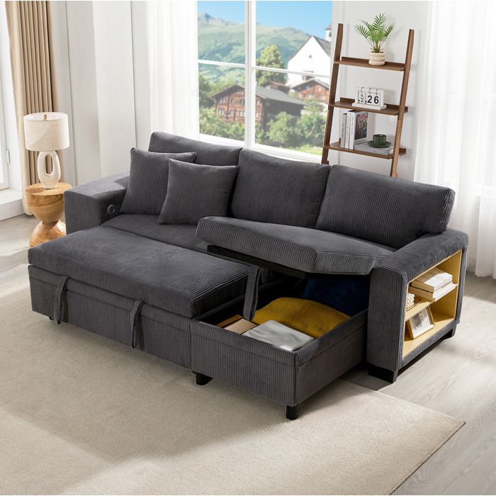 Canapé dAngle Convertible 3 Places avec USB-C et Rangement - MEUNIQ - Bibliothèque Latérale Tissu Côtelé Gris