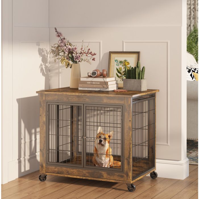 Chenil pour chien dintérieur meuble en bois double porte roulettes marron 80 × 56 × 695 cm - UVRION