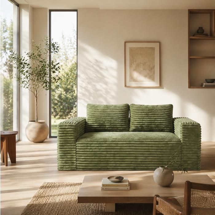 Canape 2 Places Velours Cotele Vert Sofa Compact FloraGrace Pour Petit Espace Sans Montage 160x88x58cm