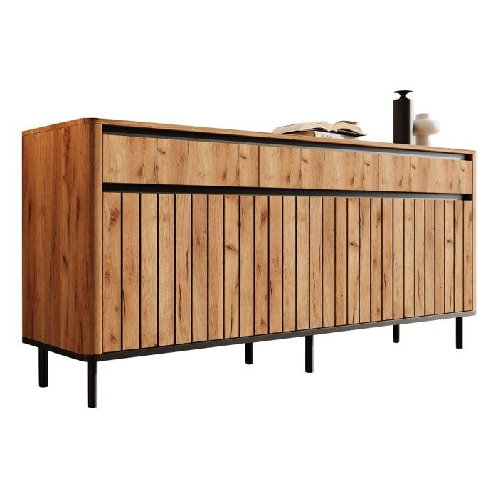 Buffet Bahut 160x40x73cm Effet Chêne Bois Naturel MDF Avec 3 Tiroirs&Portes PersiennesPieds Métalliques Bords Arrondis Pour Salon