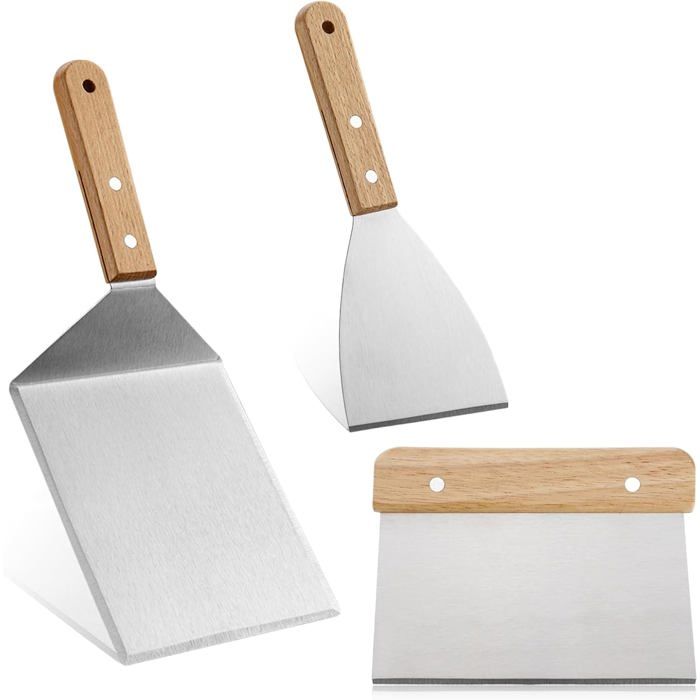 Kit 3 accessoires barbecue inox - spatule plancha spatule plate et coupe-pâte - manche bois polyvalent cuisine et grill