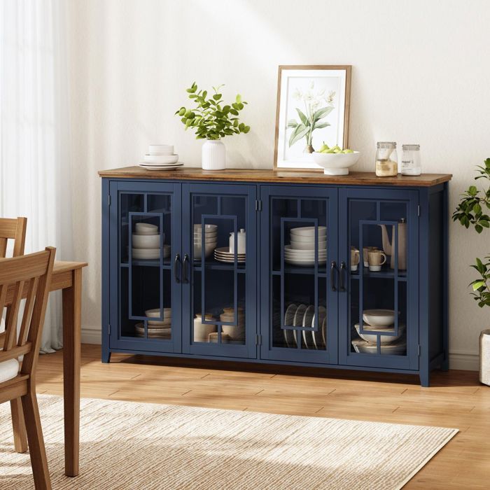 Buffet - WESTYLE - 160 cm - Portes vitrées - Plateau aspect bois - Sécurité anti-basculement