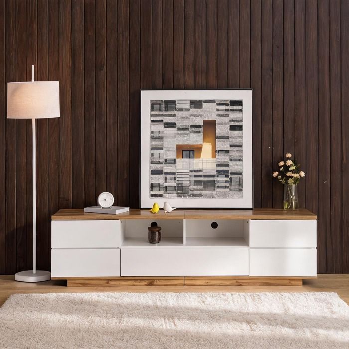 Meuble TV 180 cm en MDF blanc et finition bois 5 portes et 2 niches ouvertes design contemporain
