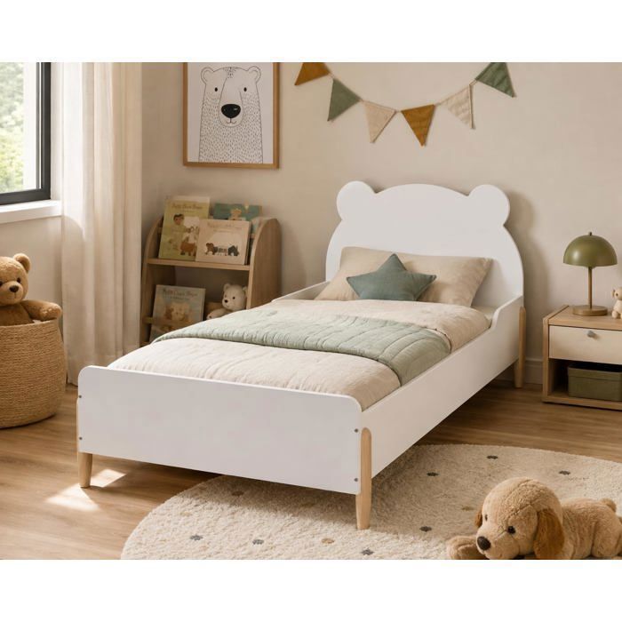 Lit Enfant Ourson Blanc 90x190 cm avec Sommier Inclus Tête de lit en forme dours Pieds en bois naturel Sommier à lattes inclus Lit Enfant Ourson Blanc 90x190 cm avec Sommier Inclus Tête de lit en forme dours Pieds en bois naturel Sommier à lattes inclus