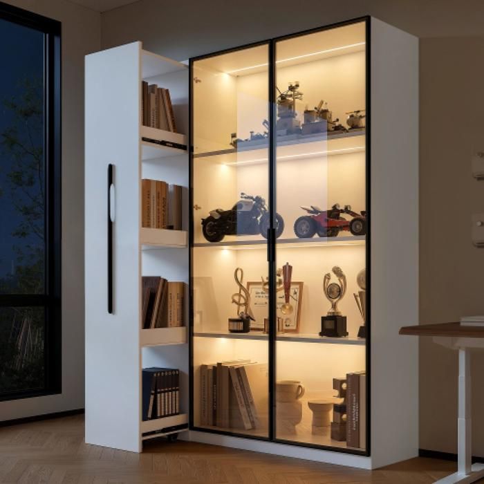 Armoire‑vitrine blanche porte‑verre coulissante éclairage LED et rangement latéral mobile pour salon bureau salle à manger