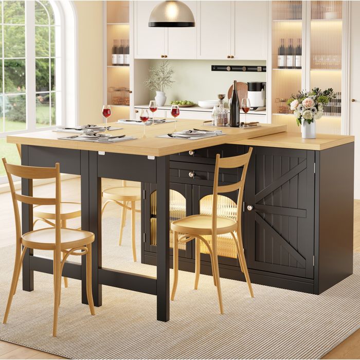 Table repas extensible pivotante 360° 120 à 194 cm avec îlot de cuisine portes vitrées et tiroirs Grjofek