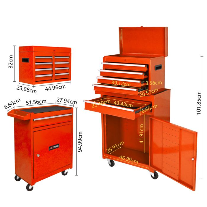 Meuble rangement atelier 5 tiroirs chariot datelier acier orange avec roulettes TYNQER