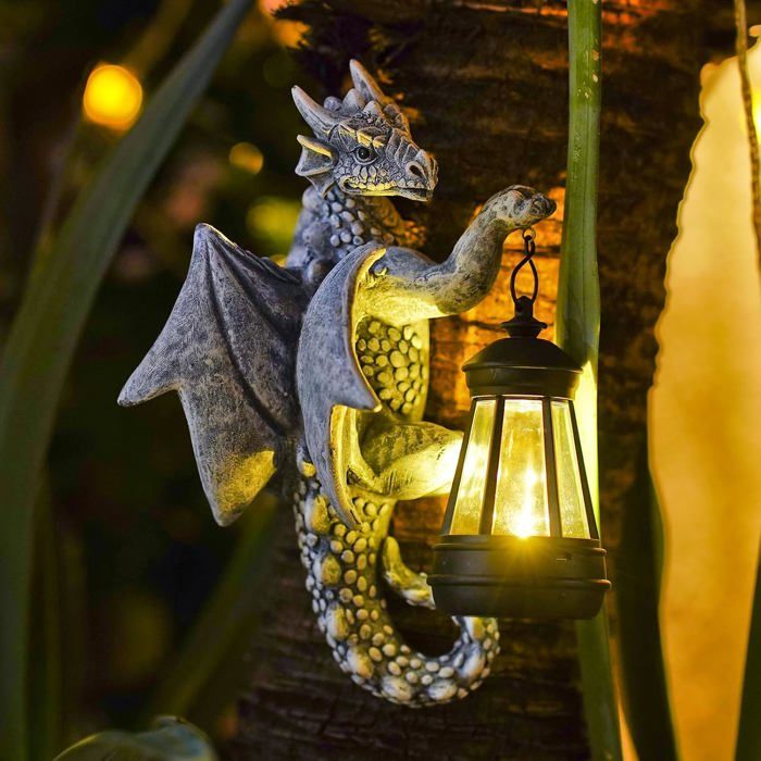Statue Dragon sur Tronc d’Arbre avec Lampe Solaire Décoration Jardin Figurine dragon en résine étanche lampe solaire LED
