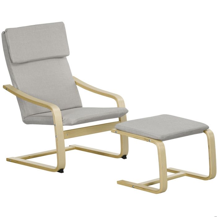 Fauteuil lounge avec repose-pieds lot de 2 accoudoirs têtière lin gris clair bois d’eucalyptus TYNQER