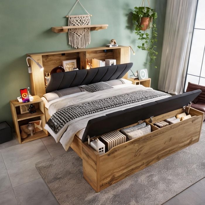 Ensemble chambre 160x200 cm bois effet chêne avec tête relevable lampes USB et rangements