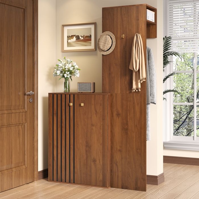 Meuble d’Entrée Moderne avec Rangement Ensemble Porte-Manteau avec 3 Crochets Tringle à Vêtements Meuble Chaussure Noyer