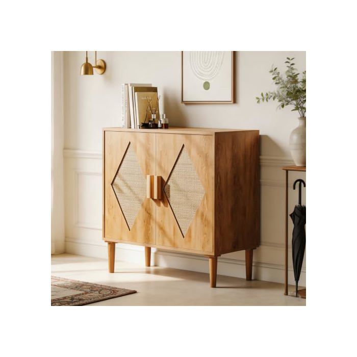 Buffet bas - GARVEEMORE - 2 portes 80 cm - Rotin tressé - Étagère réglable 3 hauteurs - Pieds 18 cm