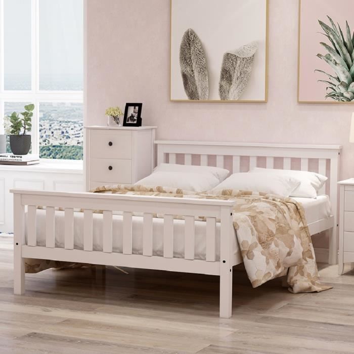 lit double places pour enfants ou adults-lit en bois massif avec sommiers à lattes-140 x 200 cm-blanc
