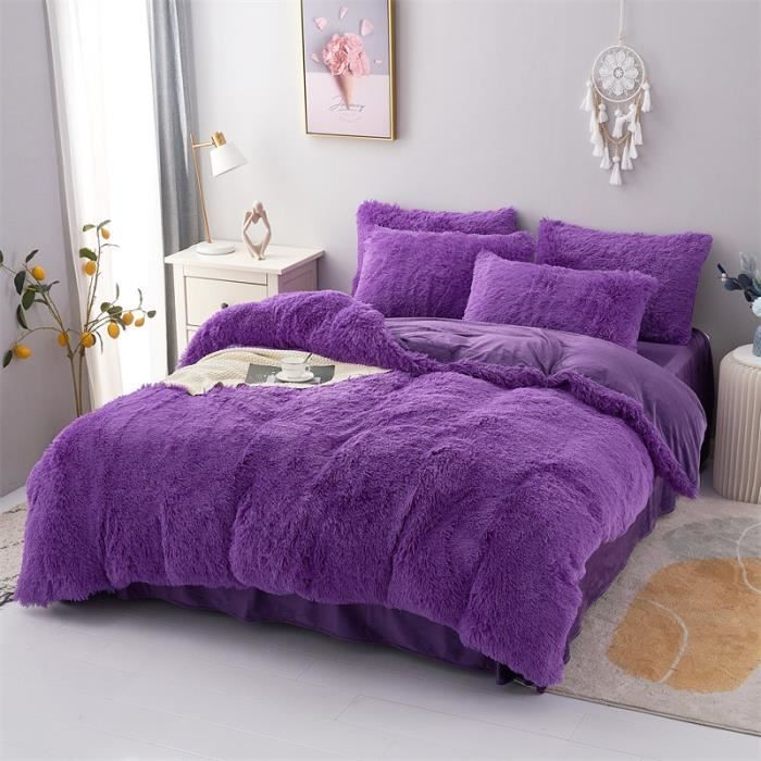 Parure de lit en flanelle moelleuse de 220 x 240 cm Shaggy et peluche - 1 Housse de couette 1drap et 2 taie doreiller E