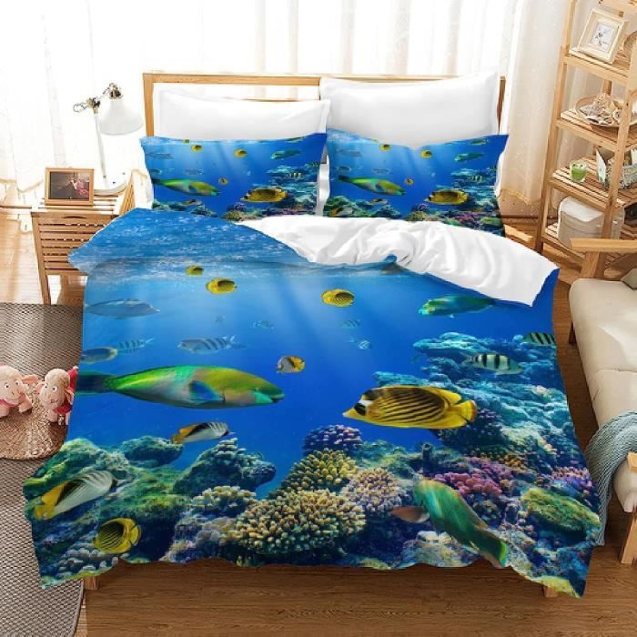 140x200cm-Housse De Couette Poisson De Mer Parure De Lit Pour Adulte