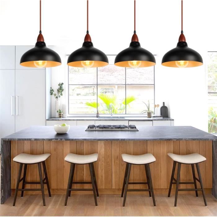 Yowei Lot de 4 Retro Suspension Luminaire Industrielle Lampe Plafonnier Vintage en Bois de noyer pour Salon Chambre