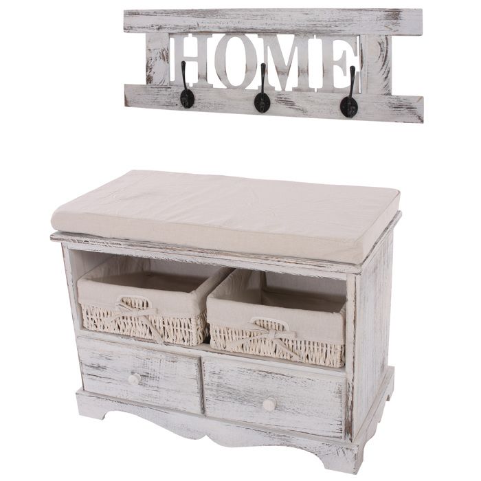 Commode / banc 2 paniers 2 tiroirs 62x33x42cm + garderobe shabby vintage ~ blanc