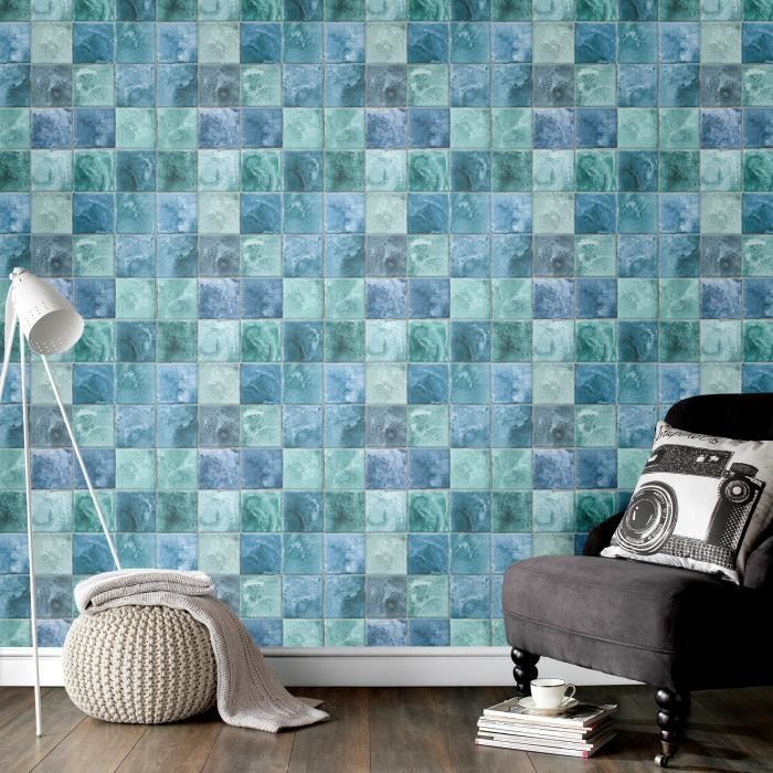 Papier peint intissé Carrelage 1005 x 52cm Bleu - Cdiscount Bricolage