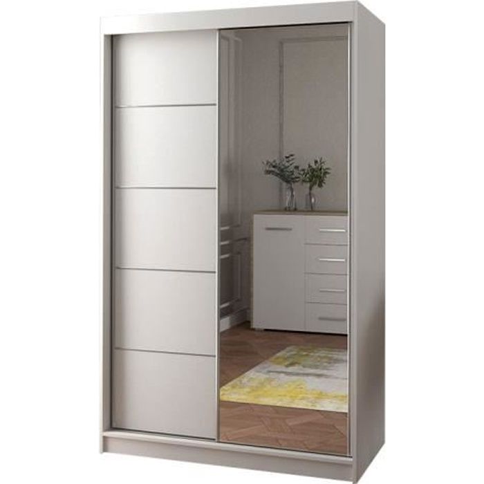 Armoire de chambre avec miroir 2 portes coulissantes - Style contemporain -Blanc- L 120 cm - NOAH 05