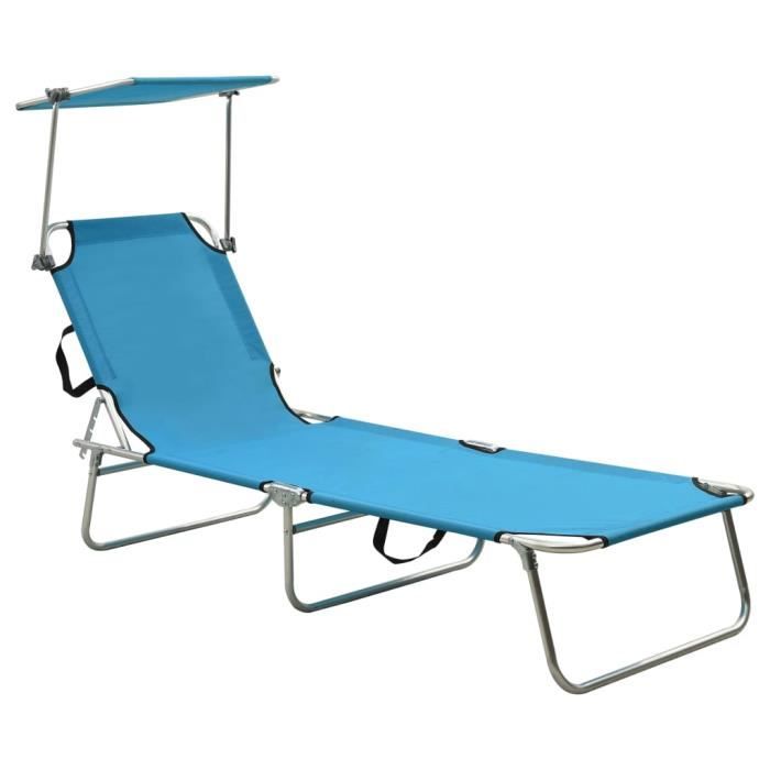 3190•jille® chaise scandinave - best chaise longue pliable avec auvent acier turquoise et bleu - 189 x 58 x 27 cm