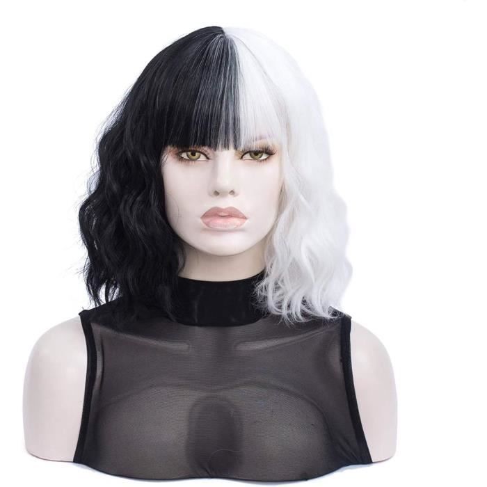 DKDDSSS Perruque Noire et Blanche, Courte Ondulée Noir Blanc DKDDSSS Perruque Noire et Blanche, Courte Ondulée Noir Blanc