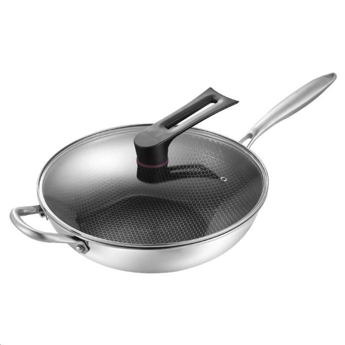 Wok En Acier Inoxydable 34 Cm Fyearfly - Surface Nid D'abeille Antiadhésive, Sans Revêtement, Facile à Nettoyer