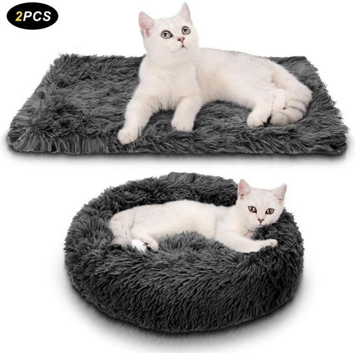 Lit pour Chat,Panier Chat,Lit pour chat, 2PC en peluche Donut gris chaud lit de chat rond nid chaud nid de chat doux + Couvertures