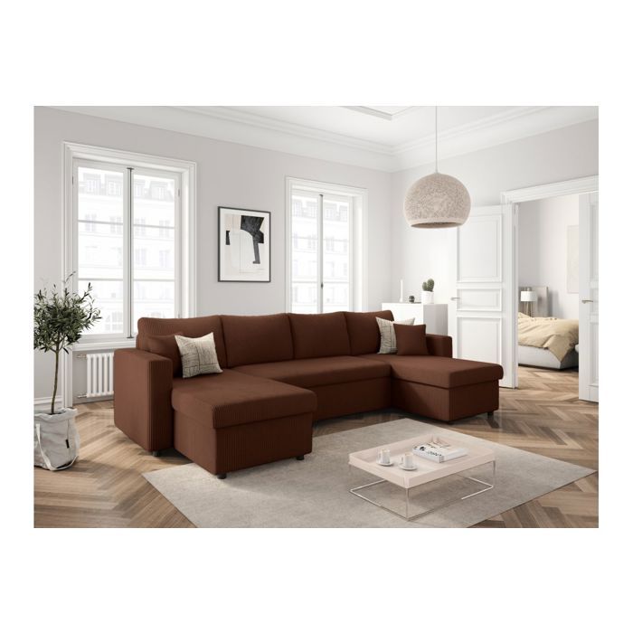 Canapé panoramique 6 places MARIA convertible avec 2 coffres en velours côtelé - Marron - L295 x P146 x H81cm - LOUNGITUDE Canapé panoramique 6 places MARIA convertible avec 2 coffres en velours côtelé - Marron - L295 x P146 x H81cm - LOUNGITUDE
