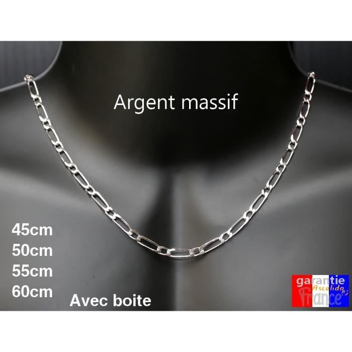 Chaine Collier LARGE HOMME maille figaro 1-1 55 cm ARGENT NEUF