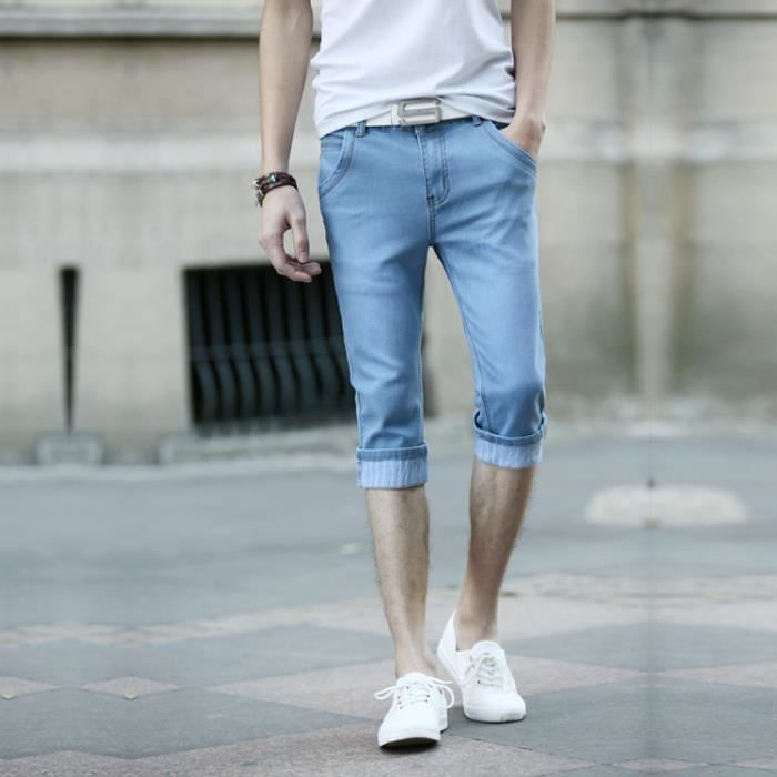 Jean 7 8 Homme Short Couleur Claire Mince Slim Pantalon Bleu Cdiscount Pret A Porter