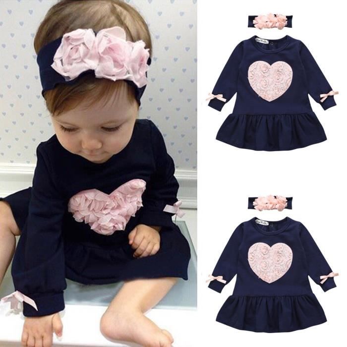 Bebe Bebe Fille Fleur Coeur Princesse Robe Avec Bandeau De Cheveux Ensemble Bleu Marin Cdiscount Pret A Porter