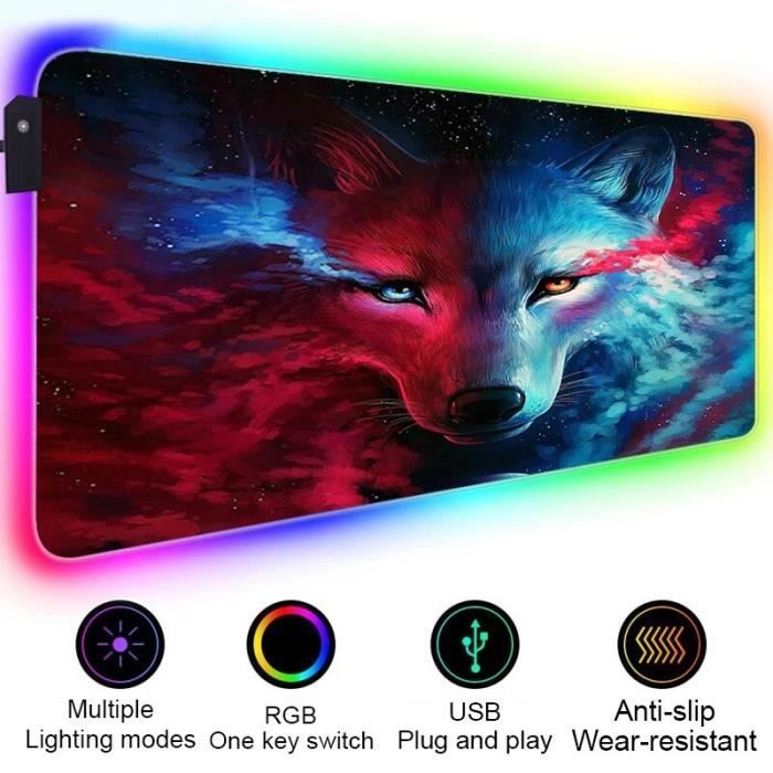 Rgb Wolf Tapis de souris RGB Animal Wolf,grand XL,accessoires de jeu colorés ...