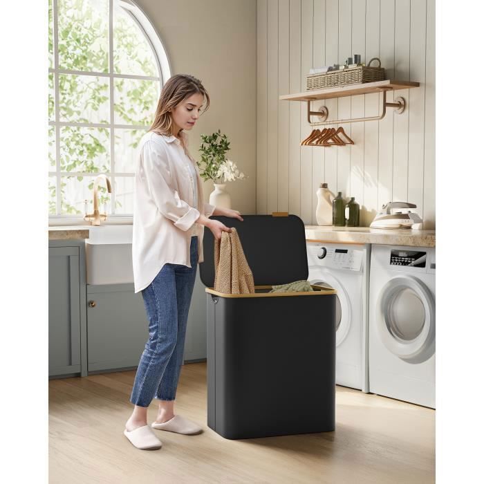Panier à Linge avec Couvercle à 3 Compartiments 150L Sac Amovible Poignées en Bambou Pliable 60 x 385 x 705 cm Noir dEncre