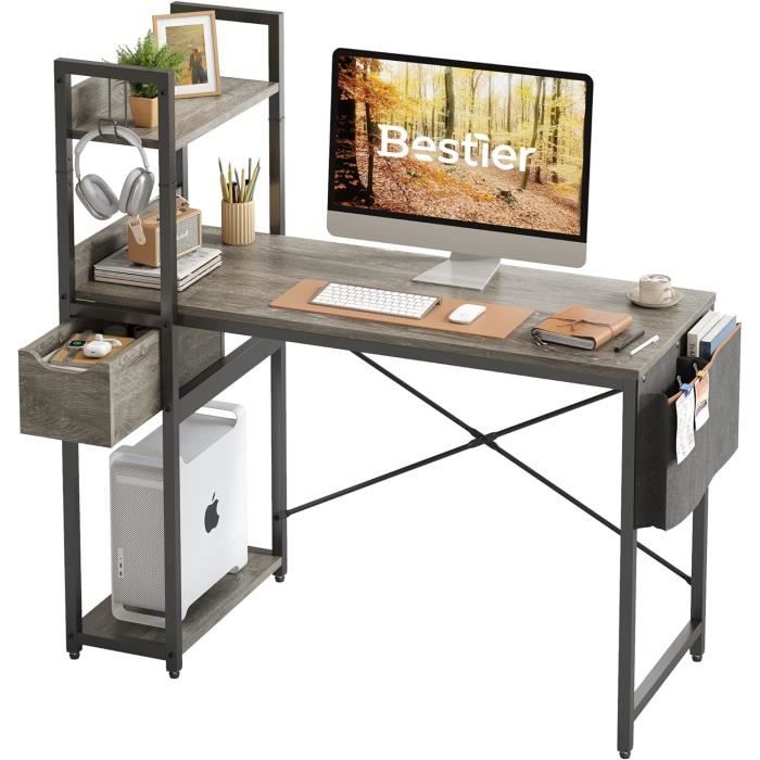 Bureau D'angle Bestier En L Avec étagères – 240cm – Gris – 4 Tiroirs – Neuf